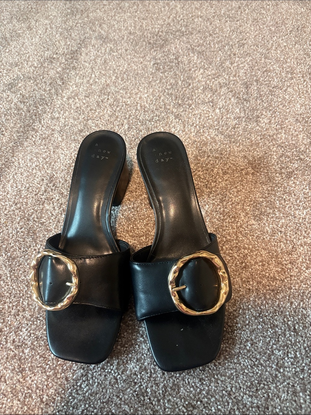 a new day Black Slide Mules with Gold Ring Buckles